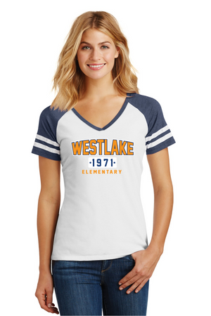 Westlake Elementary Spirit Wear 2023/24 On-Demand-Womens District Game V-Neck Tee Westlake 1971 Oange Logo