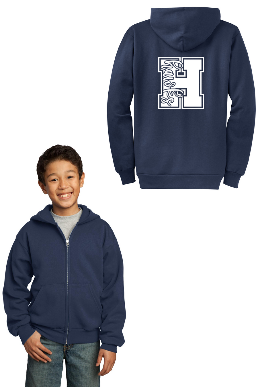 Harmony School Spirit Wear 2023-24 On-Demand-Youth Unisex Full-Zip Hooded Sweatshirt H Logo