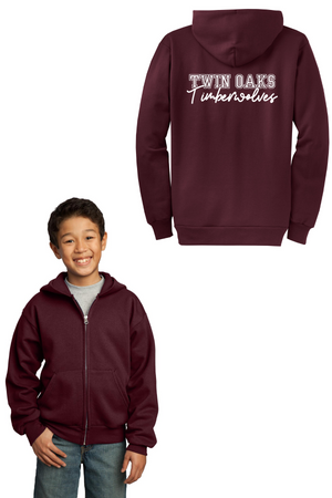 Twin Oaks Spirit Wear 2023-24 On-Demand Store-Unisex Full-Zip Hooded Sweatshirt Typographic Logo