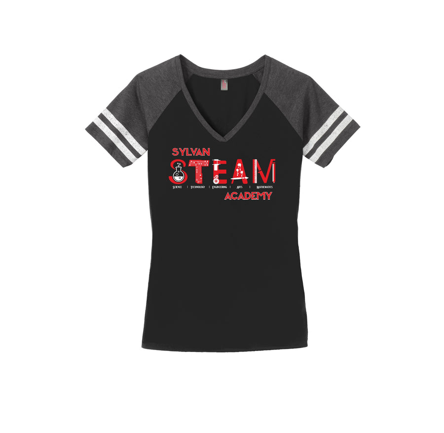 Sylvan STEAM Academy Spirit Wear 2024/25 On-Demand-Womens Premium Game V-Neck Tee On-Demand Red Logo