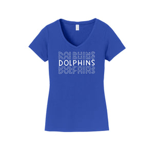 Centerville Elementary Spirit Wear On- Demand-Womens Fan Favorite V-Neck Tee On-Demand_Repeating Dolphin White Logo