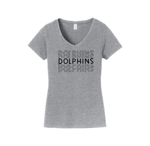 Centerville Elementary Spirit Wear On- Demand-Womens Fan Favorite V-Neck Tee On-Demand_Repeating Dolphin Black Logo