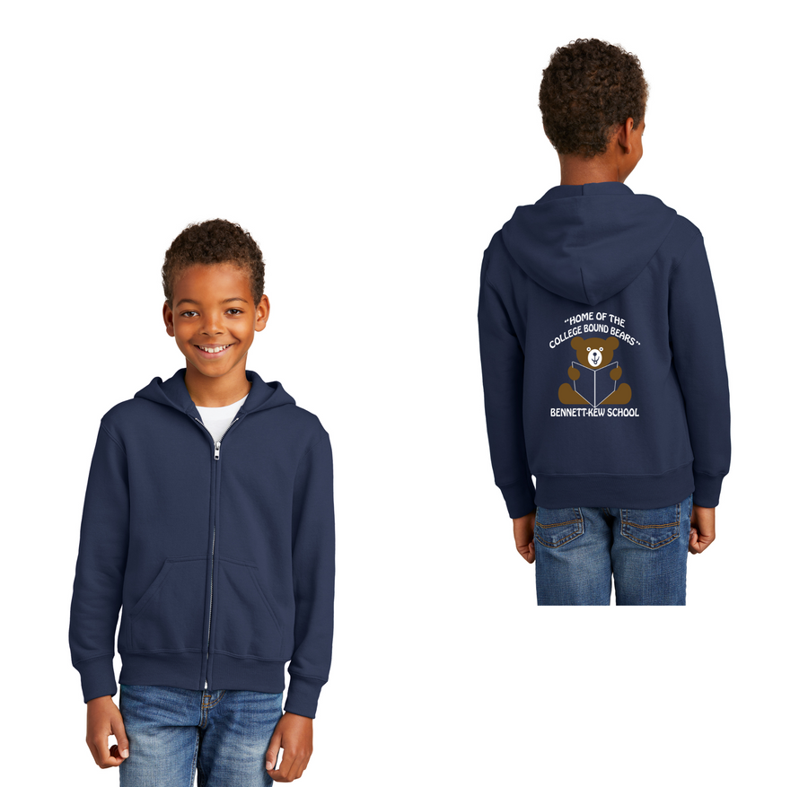 Bennett-Kew-Youth Unisex Port & Co Core Fleece Full-Zip Hooded Sweatshirt Book Logo