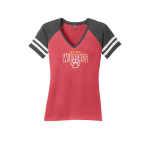 Ivy Hall Elementary Fall-Womens Premium Game V-Neck Tee On-Demand Stripe Logo Curve Logo