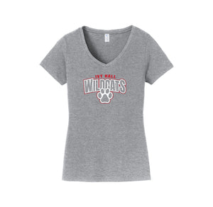 Ivy Hall Elementary Fall-Womens Fan Favorite V-Neck Tee On-Demand Stripe Logo Curve Logo