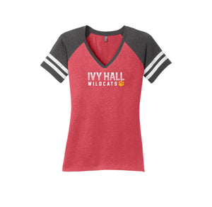 Ivy Hall Elementary Fall-Womens Premium Game V-Neck Tee On-Demand Stripe Logo