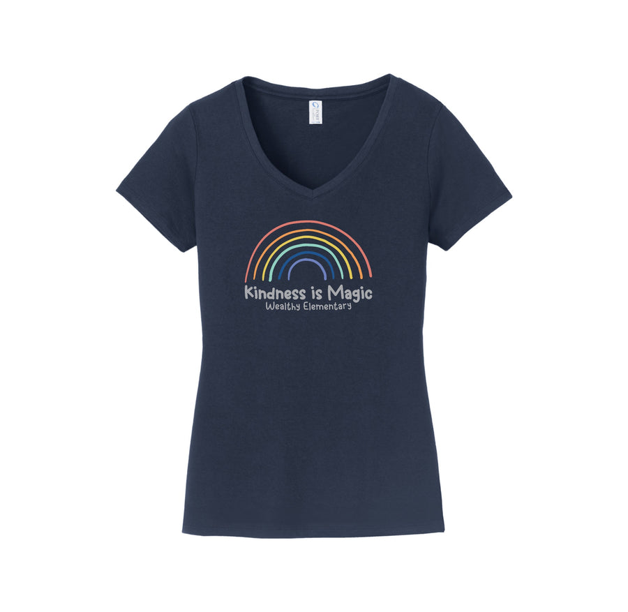 Wealthy Elementary-Womens Fan Favorite V-Neck Tee On-Demand Rainbow Logo