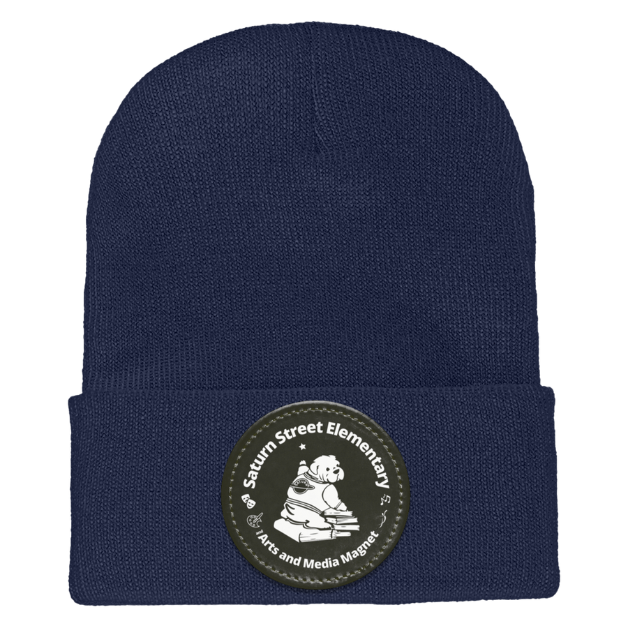 Saturn Street Elm-1501 Yupoong Adult Cuffed Knit Beanie - Circle Patch White Logo