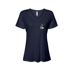 Charlotte Wood Middle School Spirit Wear 2024-25 On Demand-Women's Bella & Canvas Relaxed Jersey Short Sleeve V-Neck T-Shirt On-Demand CW Logo