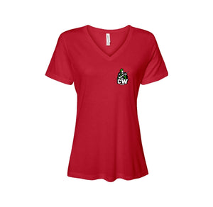 Charlotte Wood Middle School Spirit Wear 2024-25 On Demand-Women's Bella & Canvas Relaxed Jersey Short Sleeve V-Neck T-Shirt On-Demand CW Logo