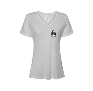 Charlotte Wood Middle School Spirit Wear 2024-25 On Demand-Women's Bella & Canvas Relaxed Jersey Short Sleeve V-Neck T-Shirt On-Demand CW Logo