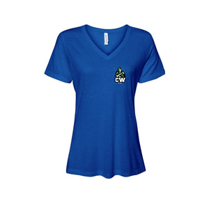 Charlotte Wood Middle School Spirit Wear 2024-25 On Demand-Women's Bella & Canvas Relaxed Jersey Short Sleeve V-Neck T-Shirt On-Demand CW Logo