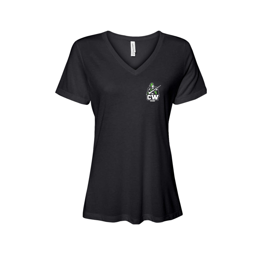 Charlotte Wood Middle School Spirit Wear 2024-25 On Demand-Women's Bella & Canvas Relaxed Jersey Short Sleeve V-Neck T-Shirt On-Demand CW Logo