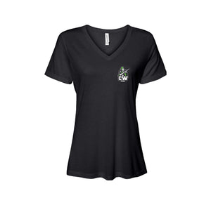 Charlotte Wood Middle School Spirit Wear 2024-25 On Demand-Women's Bella & Canvas Relaxed Jersey Short Sleeve V-Neck T-Shirt On-Demand CW Logo