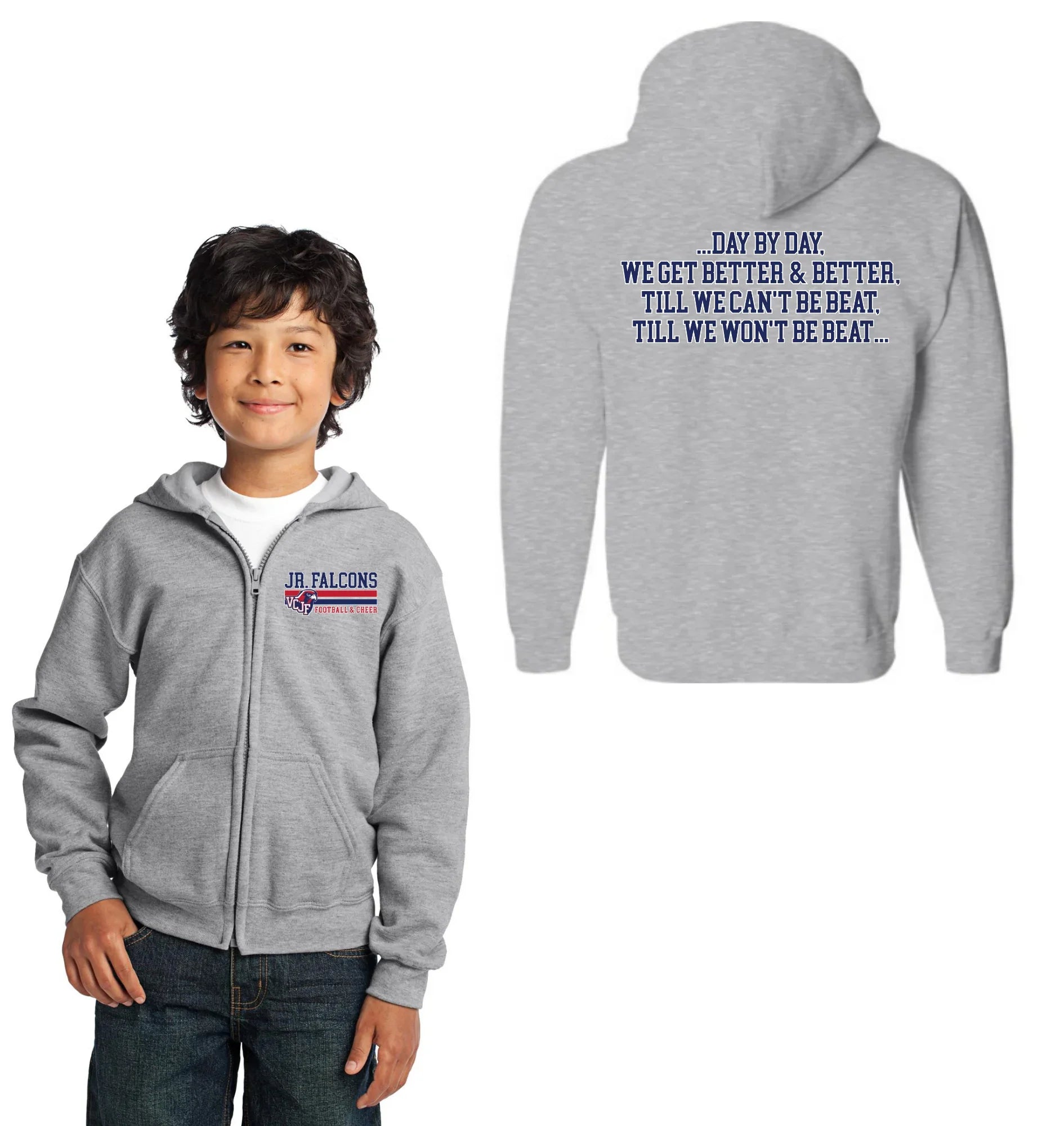 christian football gear Vacaville Christian Junior Football Spirit Gear On-Demand-Unisex Zip-Up Stripe Logo Youth S (size 6/8) / Sport Grey