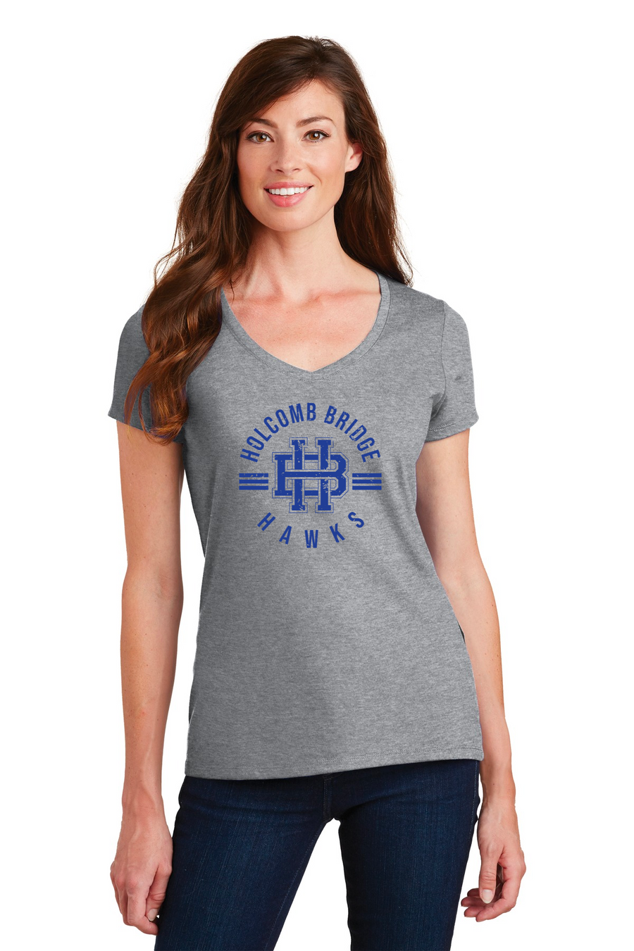 Holcomb Bridge Middle School Spirit Wear 23/24 On-Demand-Port and Co Ladies V-Neck HB Blue Logo
