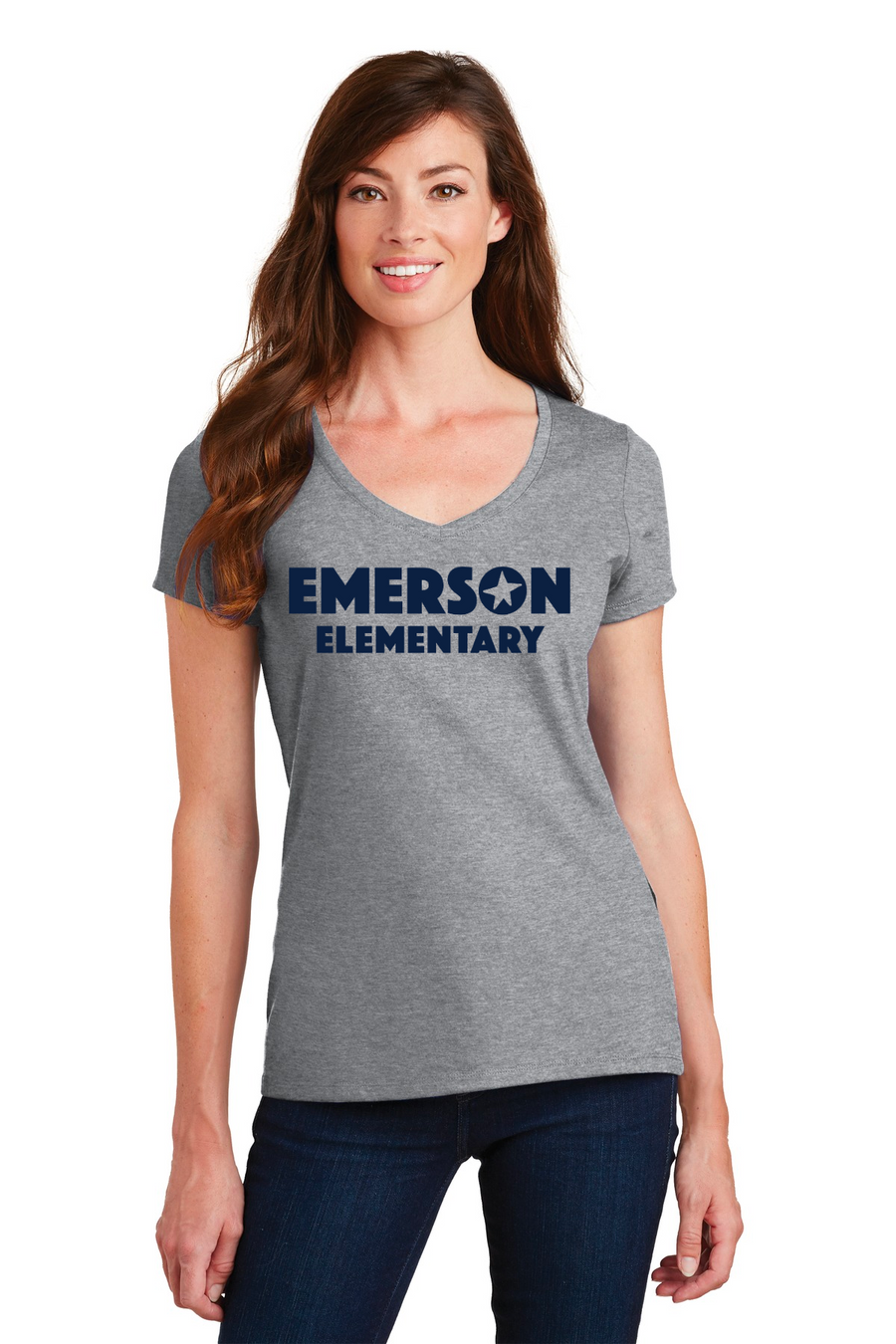 Emerson Stars Spirit Wear On-Demand-Port and Co Ladies V-Neck Blue Navy Logo