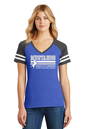 Myakka City Elementary Spirit Wear 2023/24-District Ladies Game V-Neck Tee Stripe Logo