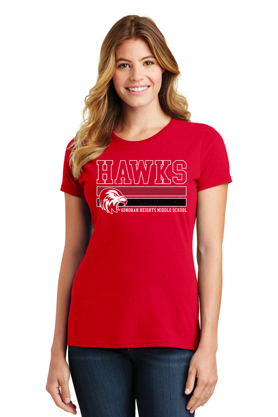 Sonoran Heights Middle School 2023/24 Spirit Wear On-Demand-Port and Co Ladies Favorite Shirt Stripes Logo
