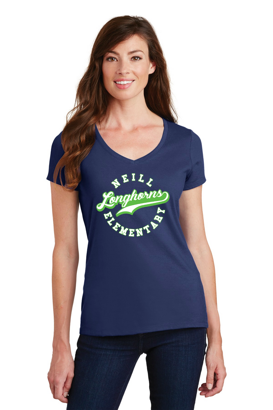 Neill Elementary Spirit Wear 2023/24 On-Demand-Port and Co Ladies V-Neck Lime Logo