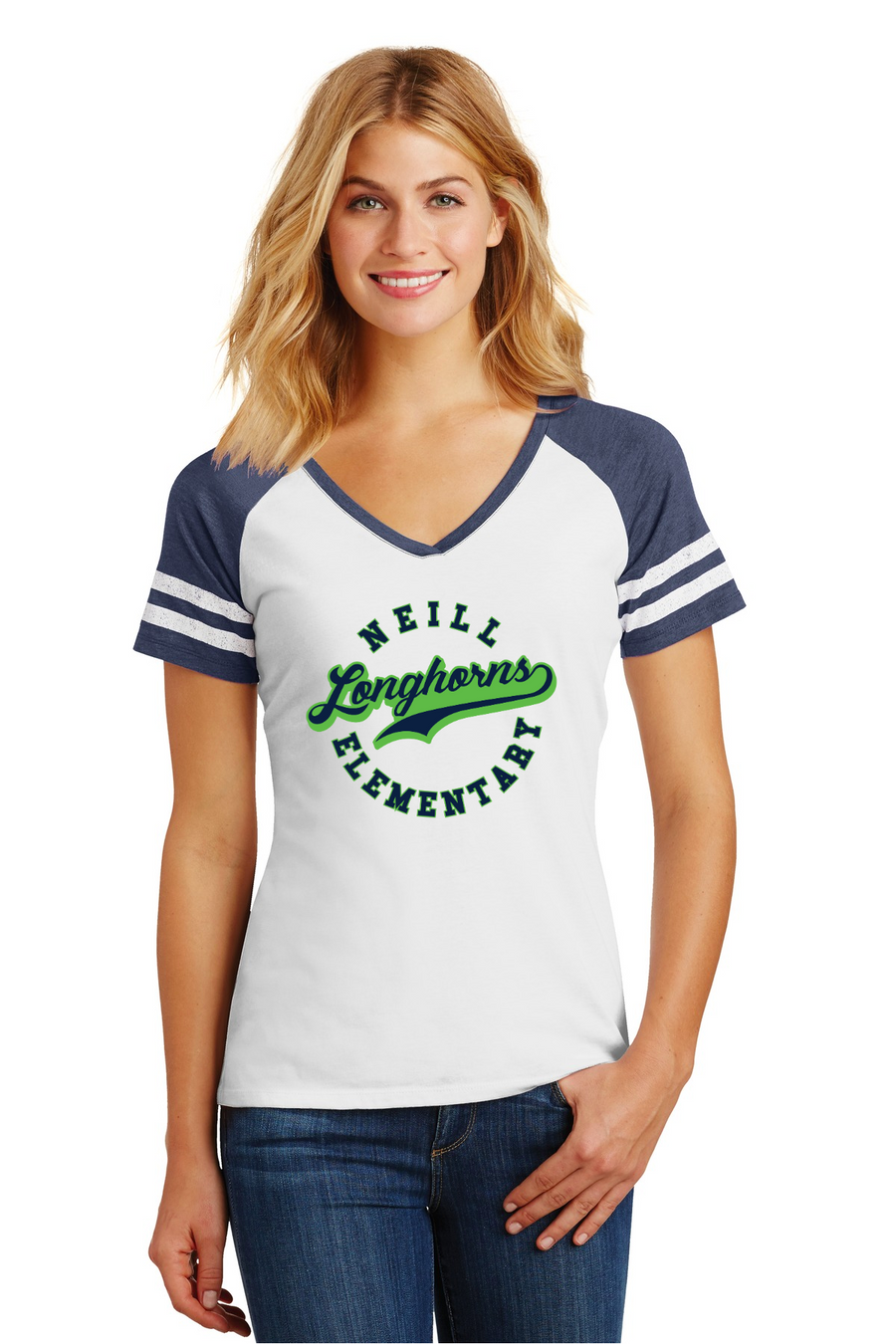 Neill Elementary Spirit Wear 2023/24 On-Demand-District Ladies Game V-Neck Tee Lime Logo