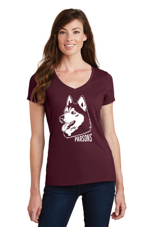 Parsons Memorial Elementary On-Demand-Port and Co Ladies V-Neck Husky Mascot Logo
