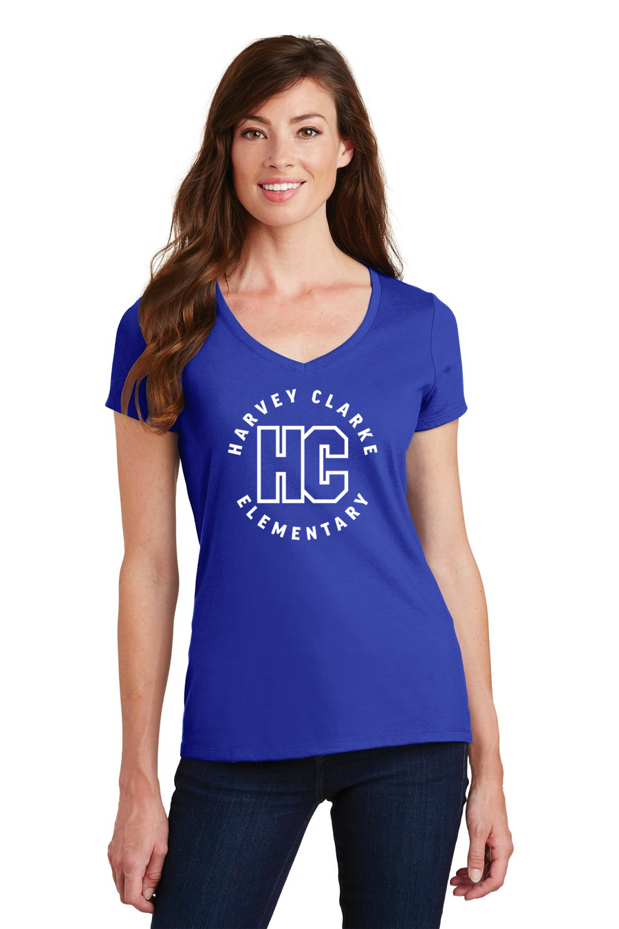 Harvey Clarke Elementary 2023-2024-Port and Co Ladies V-Neck HC Circle Logo