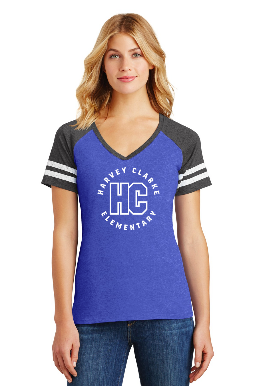 Harvey Clarke Elementary 2023-2024 On-Demand-District Ladies Game V-Neck Tee HC Circle Logo