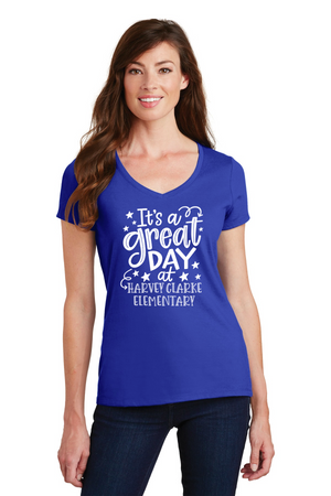 Harvey Clarke Elementary 2023-2024-Port and Co Ladies V-Neck Its a great day Logo