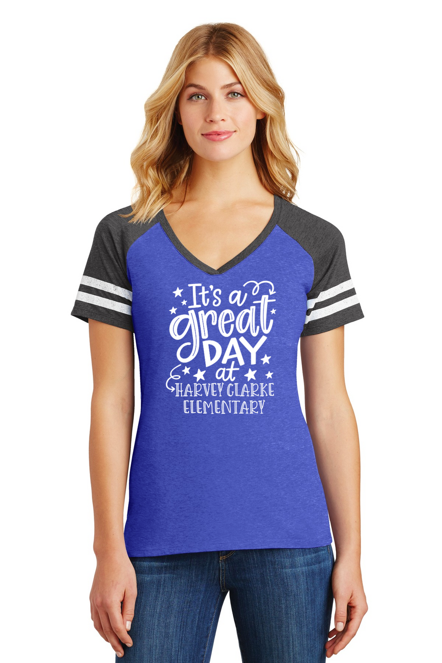 Harvey Clarke Elementary 2023-2024 On-Demand-District Ladies Game V-Neck Tee Its a great day Logo