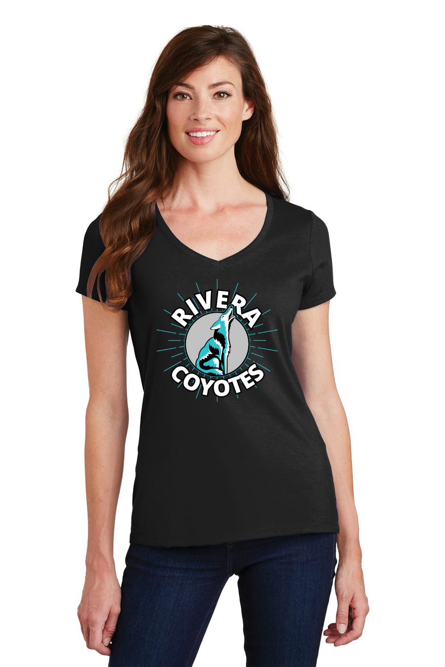 Rivera Elementary Spirit Wear 2023/24-Port and Co Ladies V-Neck Circle Mascot Logo