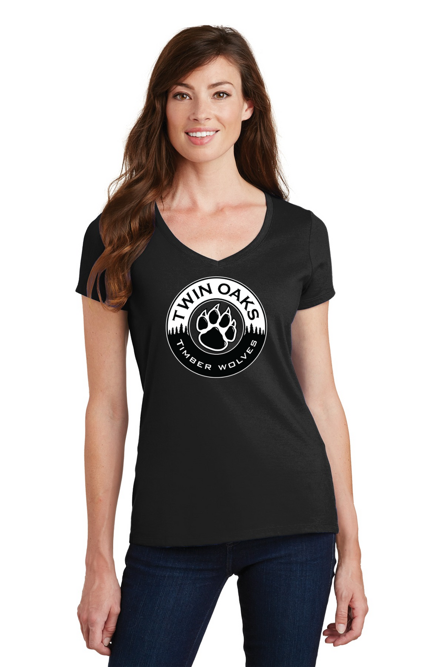 Twin Oaks Spirit Wear 2023-24-Port and Co Ladies V-Neck Circle Logo