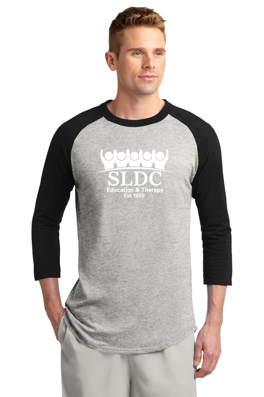 SLDC Spirit Wear On-Demand-Unisex Baseball Tee White SLDC Education & Theraphy Logo