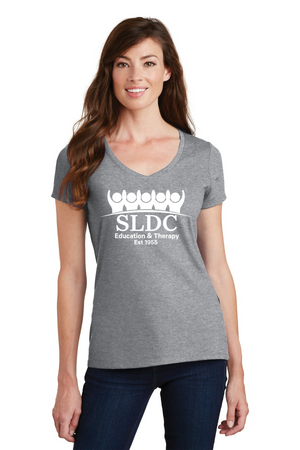 SLDC Spirit Wear On-Demand-Port and Co Ladies V-Neck White SLDC Education & Theraphy Logo