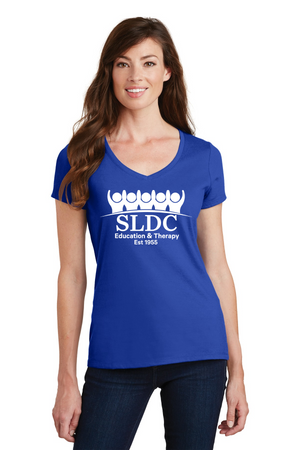 SLDC Spirit Wear On-Demand-Port and Co Ladies V-Neck White SLDC Education & Theraphy Logo