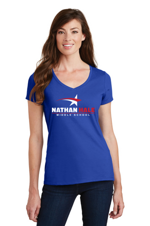 Nathan Hale MS Spirit Wear 2023-24 On-Demand-Port and Co Ladies V-Neck White & Red Star Logo