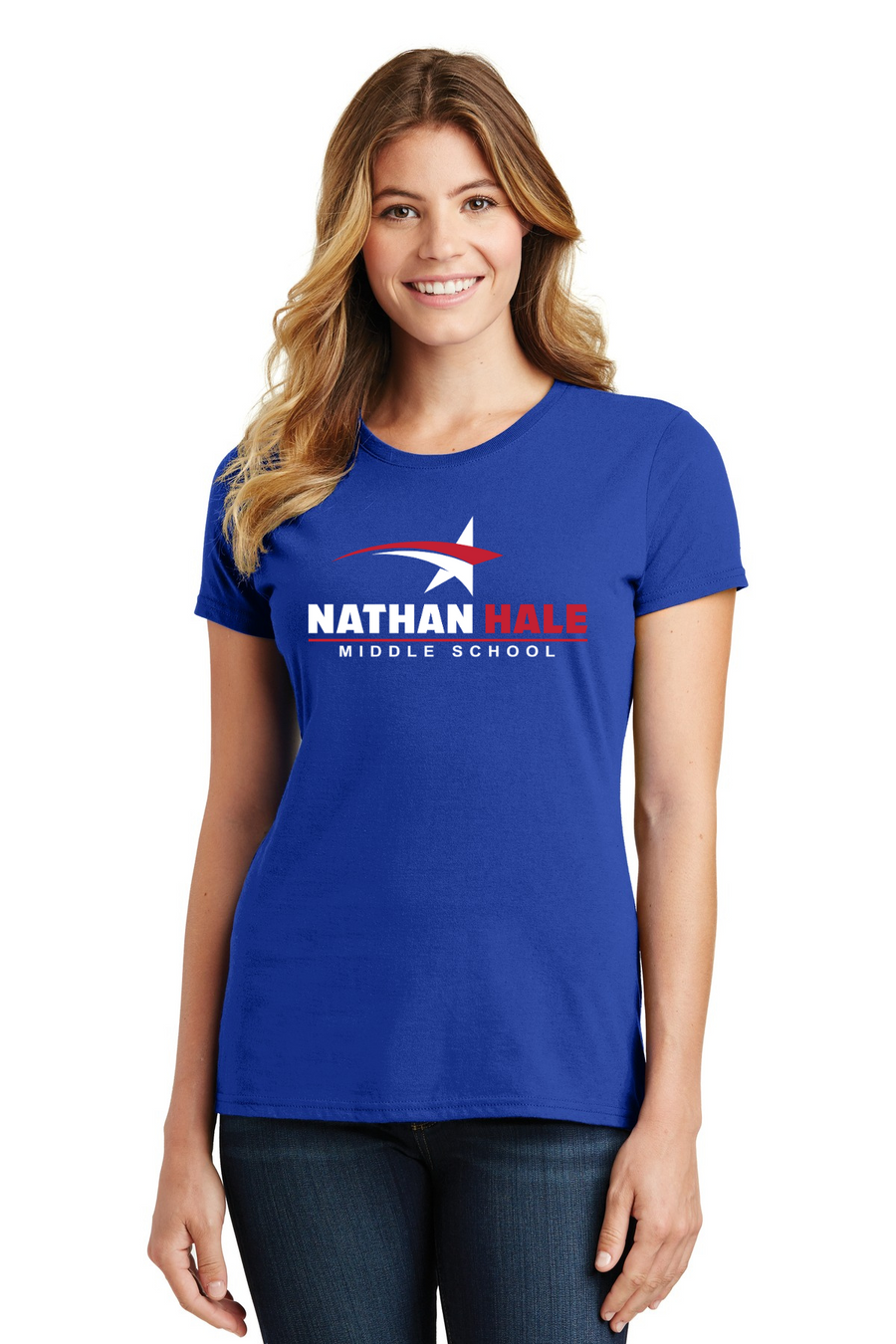 Nathan Hale MS Spirit Wear 2023-24-Port and Co Ladies Favorite Shirt White & Red Star Logo