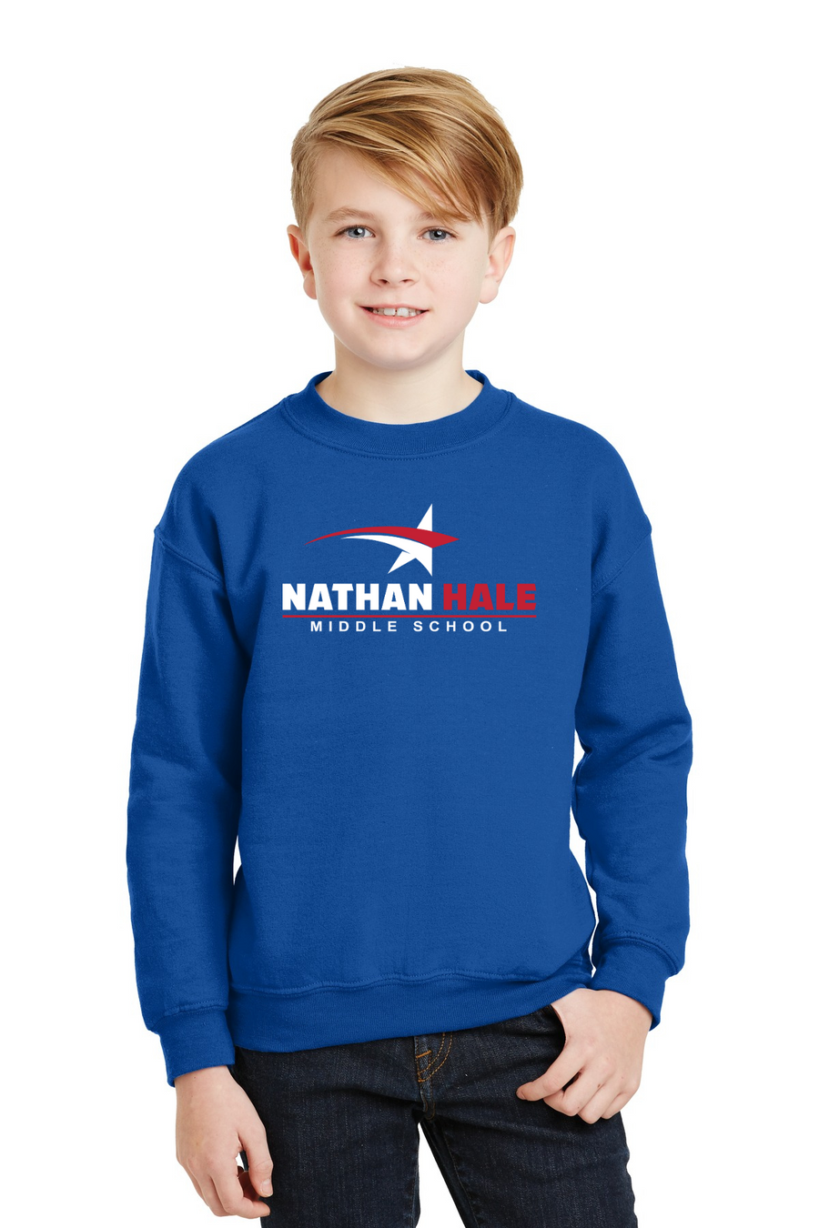 Nathan Hale MS Spirit Wear 2023-24 On-Demand-Unisex Crewneck Sweatshirt White & Red Star Logo