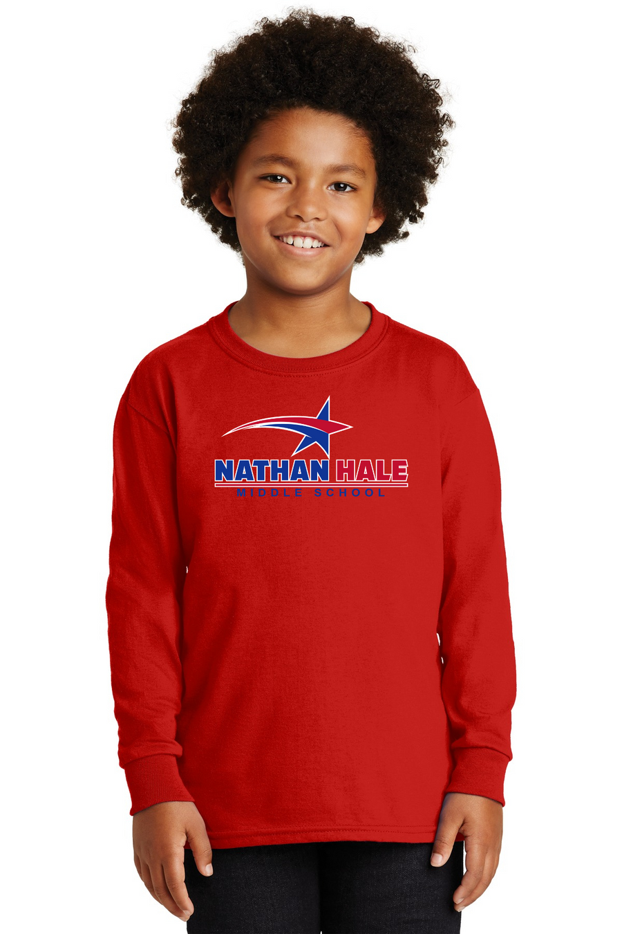 Nathan Hale MS Spirit Wear 2023-24 On-Demand-Unisex Long Sleeve Shirt Blue & Red Star Logo