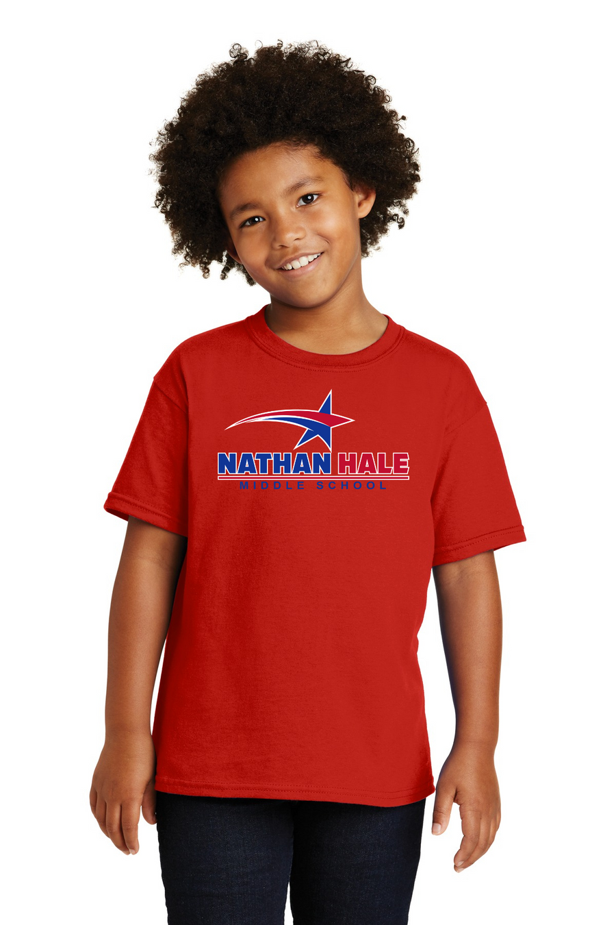 Nathan Hale MS Spirit Wear 2023-24-Unisex T-Shirt Blue & Red Star Logo