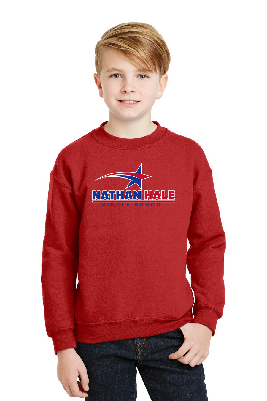 Nathan Hale MS Spirit Wear 2023-24-Unisex Crewneck Sweatshirt Blue & Red Star Logo