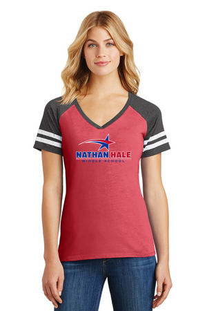 Nathan Hale MS Spirit Wear 2023-24-District Ladies Game V-Neck Tee Blue & Red Star Logo