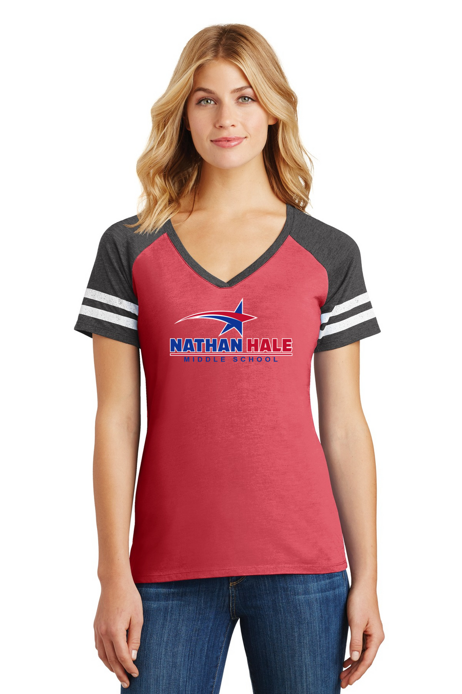 Nathan Hale MS Spirit Wear 2023-24 On-Demand-District Ladies Game V-Neck Tee Blue & Red Star Logo