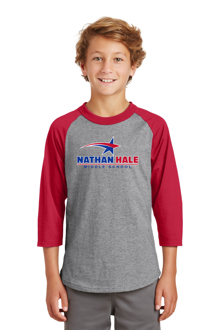 Nathan Hale MS Spirit Wear 2023-24 On-Demand-Unisex Baseball Tee Blue & Red Star Logo