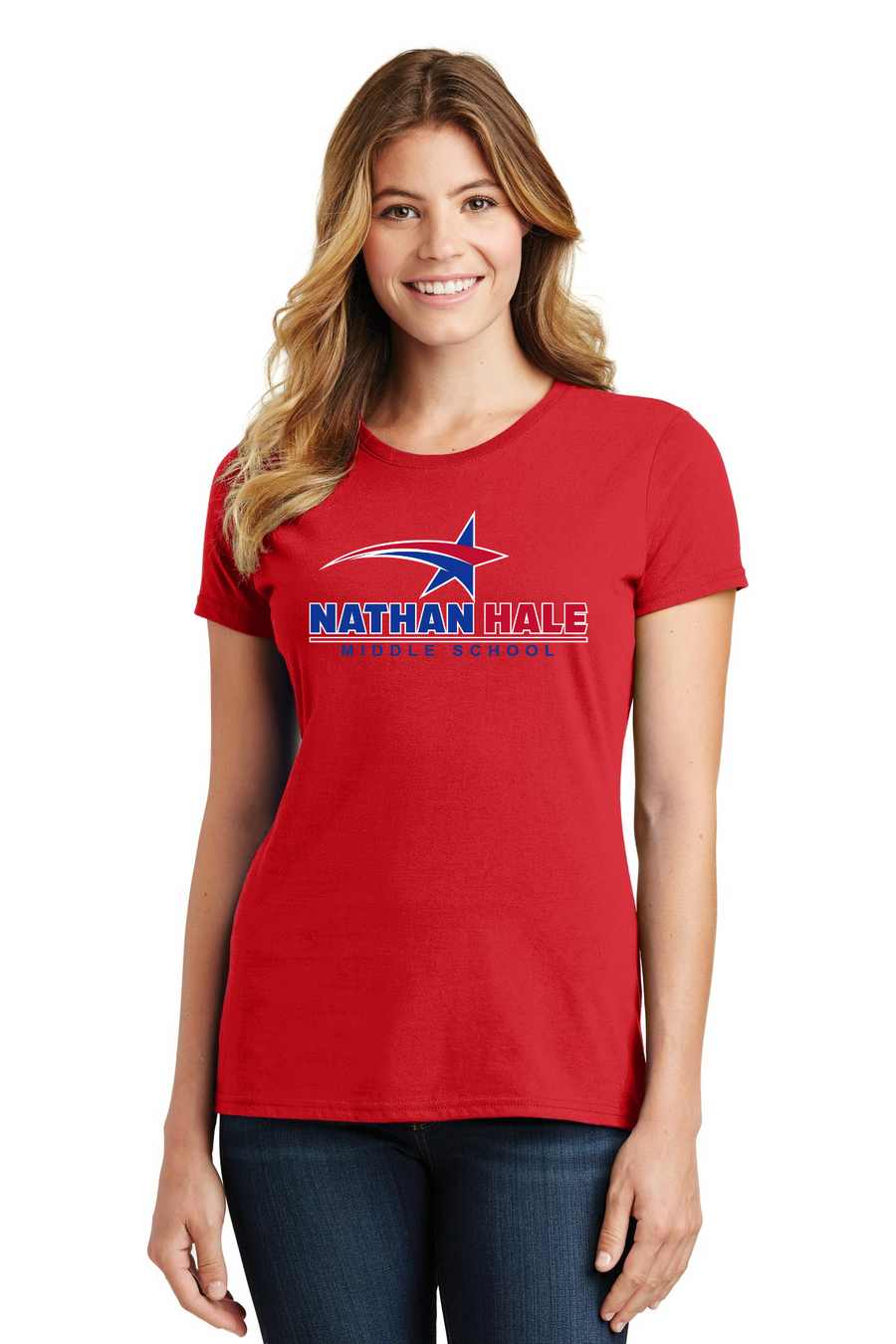 Nathan Hale MS Spirit Wear 2023-24 On-Demand-Port and Co Ladies Favorite Shirt Blue & Red Star Logo