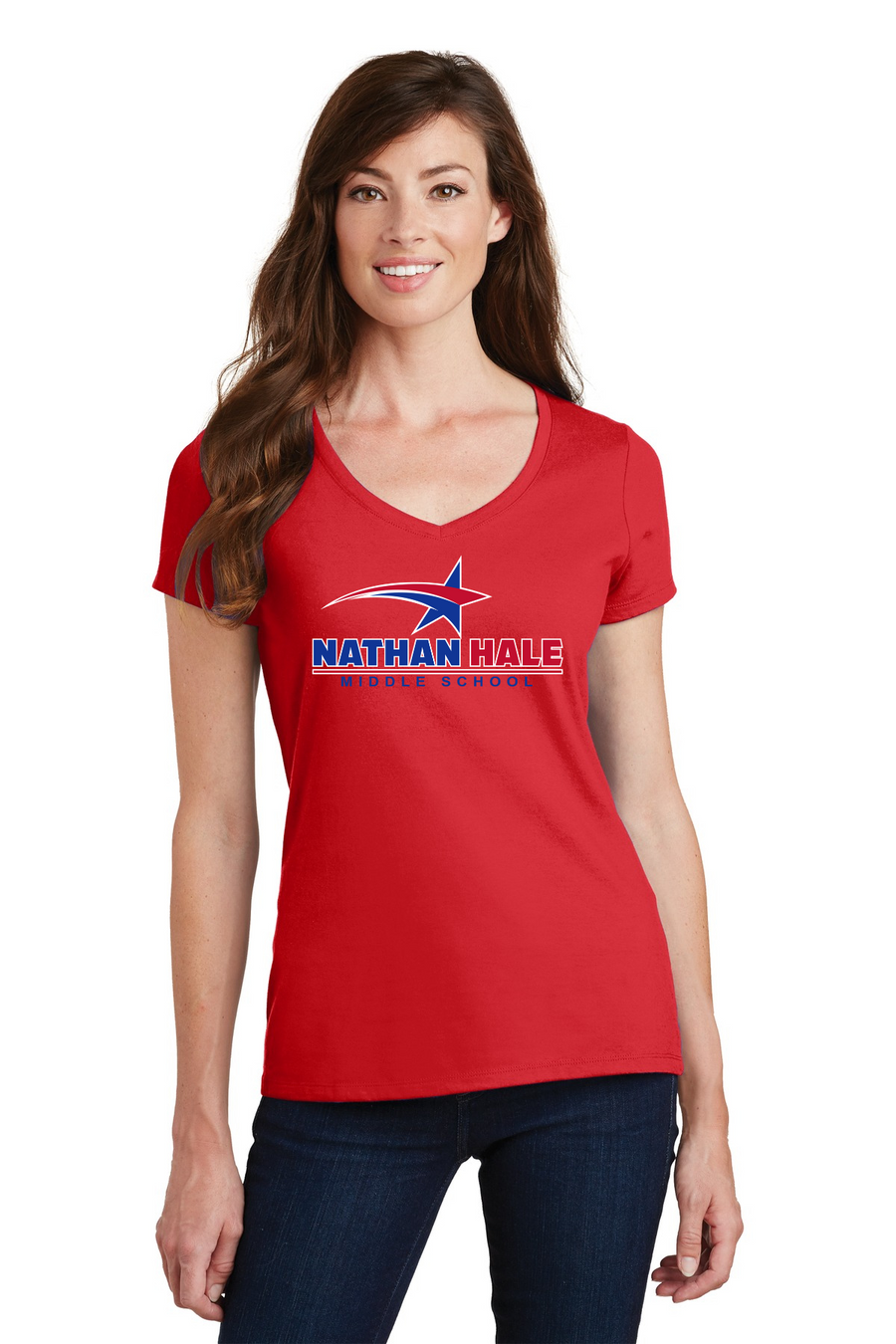 Nathan Hale MS Spirit Wear 2023-24-Port and Co Ladies V-Neck Blue & Red Star Logo