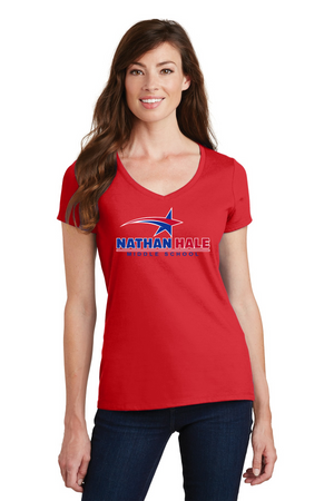 Nathan Hale MS Spirit Wear 2023-24 On-Demand-Port and Co Ladies V-Neck Blue & Red Star Logo