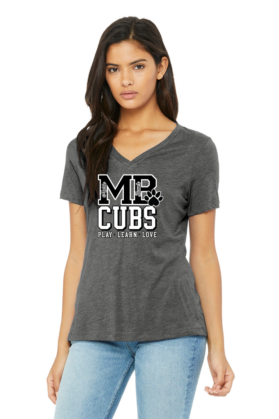 Marie Bauer Early Education Spirit Wear 23-24 On-Demand-BELLA CANVAS Womens Relaxed Triblend V-Neck Tee MB Cubs Logo