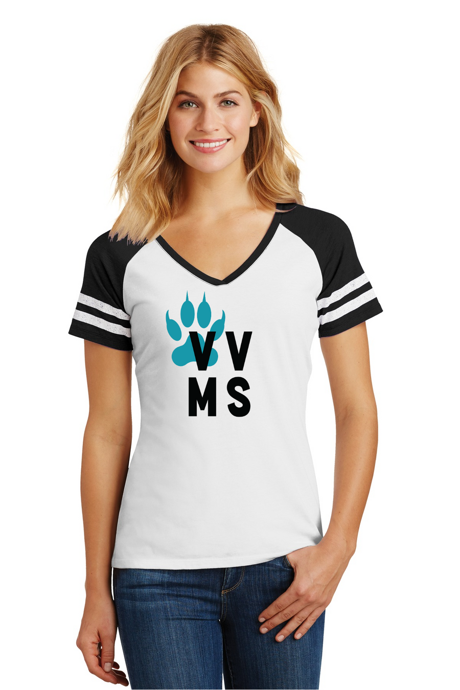 Valley View Middle School On-Demand Spirit Wear-District Ladies Game V-Neck Tee VVMS Logo