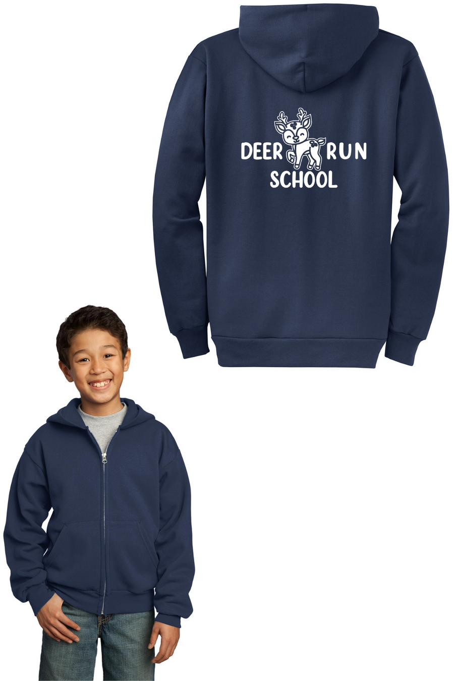 Deer Run Elementary Spirit Wear 2023-24 On-Demand-Unisex Full-Zip Hooded Sweatshirt White Logo